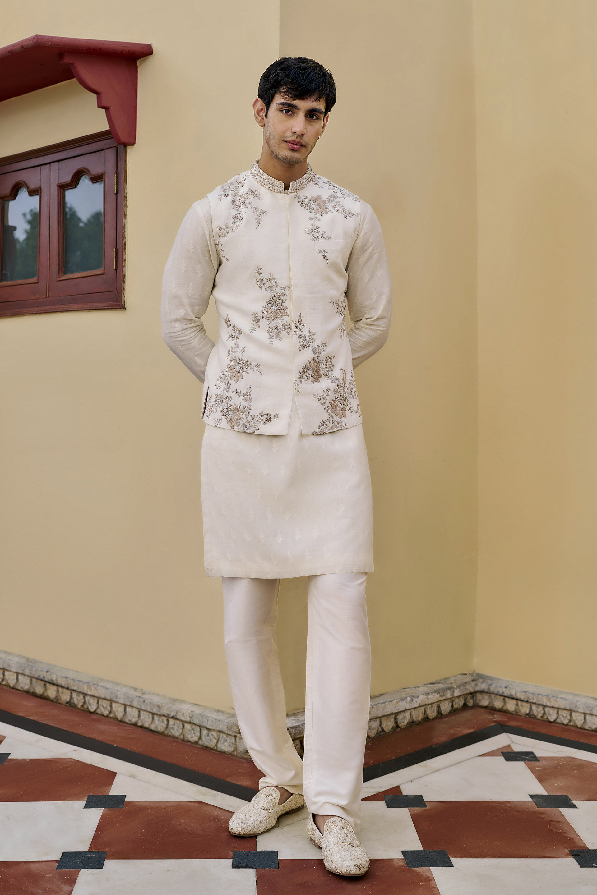 Serenade Hand-embroidered Silk Nehru Jacket - Off White